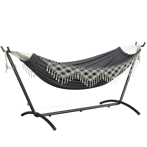 Mondeer Hamac bohème pour 2 Personnes avec Support,Réglable en Hauteur, hamac Double avec Franges et Cadre métallique, idéal pour terrasse, Jardin et...