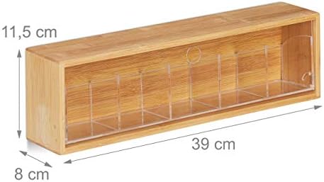 Relaxdays 10028846 Tea Box Natural Bamboo, 5 Compartments for 50 Sachets, Transparent Lid, Wall-Mounted, Flavour Protection, Wood
