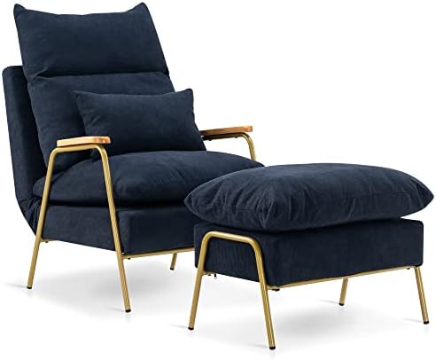 MCombo Accent Recliner with Ottoman, Fabric Arm Club Chair with Metal Legs, Adjustable Backrest and Pillow, Single Sofa Chair for Living Room Bedroom 4058 (Dark Blue, Golden Frame)