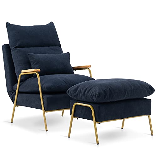 Mcombo Accent Recliner With Ottoman, Fabric Arm Club Chair With Metal Legs, Adjustable Backrest And Pillow, Single Sofa Chair For Living Room Bedroom 4058 (Dark Blue, Golden Frame) #TOP30