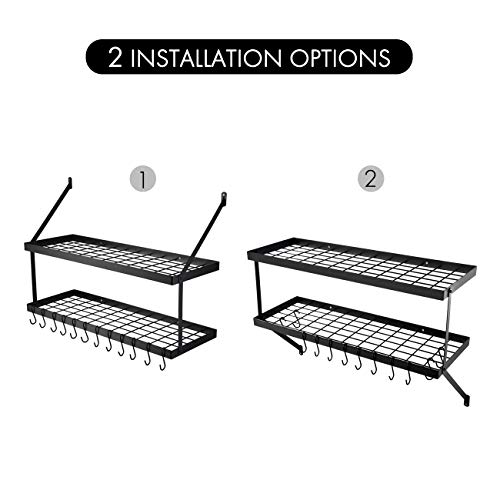 KES 30-Inch Pot Rack 2 Tier Pan Rack for Kitchen Wall Mounted Pot Organizer with 12 S-Hooks Heavy-Duty Matte Black, KUR218S75B-BK