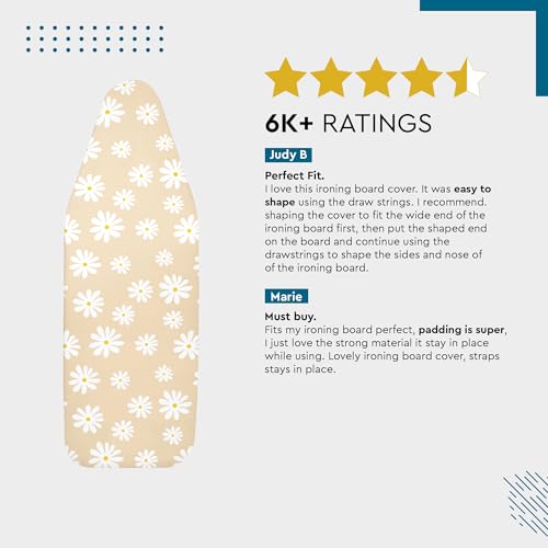 Image of Encasa XO Homes Ironing Board Cover With 3Mm Thick Felt Pad For Steam Press(Fits Standard Large Boards Of 125X39 Cm)Heat Reflective,Scorch&Stain Resistant,Printed-Daisy Beige