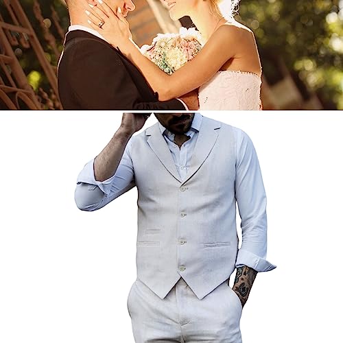 Linen Vest for Men Slim Fit Single Breasted Summer Beach Wedding Groom's Waistcoat with Real Pockets for Daily Wear (Color : Gray, Size : Medium)4
