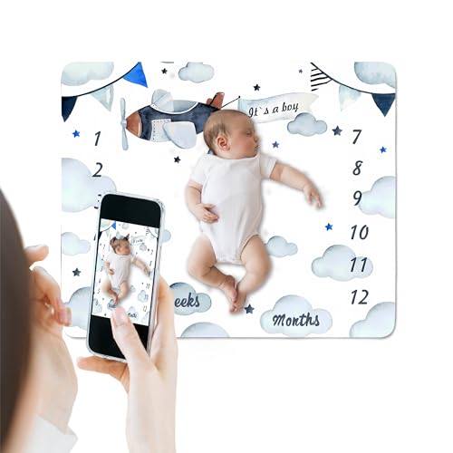 Image of Airplane Theme Baby Monthly Milestone Blanket for Boys, Soft Flannel Aircraft Pilot Cloud Stars Pattern Photography Prop Baby Shower Age Newborn Mom Gifts Nursery Decor (Blue, 48x48in)