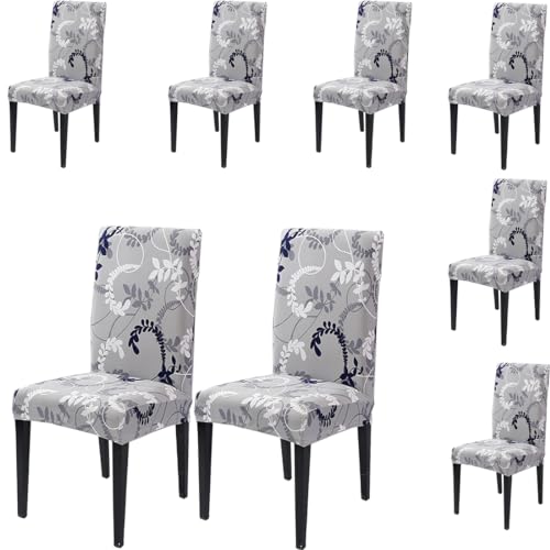 Image of Styleys Chair Covers for Dining Room, Stretch Dining Chair Cover, Washable Spandex Kitchen Chair Slipcovers (Set of 8, Leaves Grey, SD3213)
