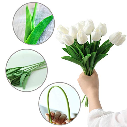 Koilluxu Artificial Flowers 30Pcs Bouquet 14" Tall Real Touch Tulips, White Pu Fake Tulips Flowers For Arrangement Wedding Party Or Easter Spring Home Centerpiece Dining Room Office Table Decoration #TOP2