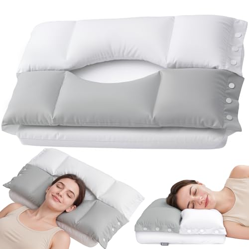 Cervical Neck Pillow with Dual Support Zones for Customizable Support, O-Shaped Memory Foam Cloud Pillow, Cradling Comfort without Ear Pressure, Bed Pillow for Back, Side, Stomach Sleepers, Soft Cover