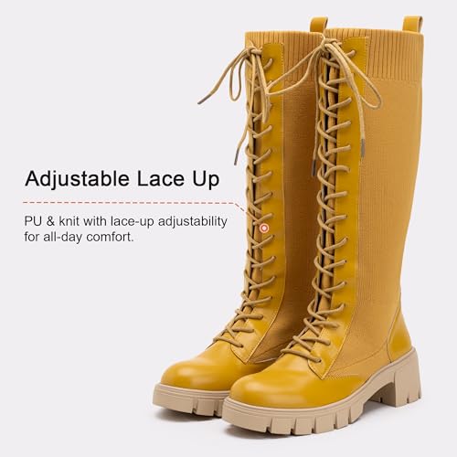 Image of Vepose Women's 953 Knee High Combat Boots Chunky Platform Heel, Lace Up Gothic Punk Work Boots for Dresses and Jeans