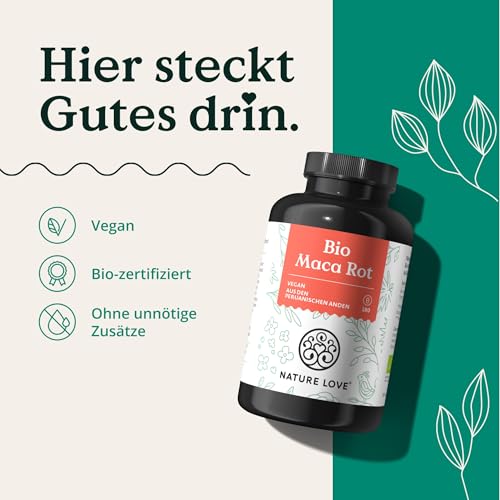 NATURE LOVE® Bio Maca Rot - 180 Kapseln - 3000mg pro Tagesdosis (entspricht 12.000mg Maca Wurzel) - Mit natürlichem Vitamin C - Zertifiziert Bio, hochdosiert, vegan, in Deutschland produziert