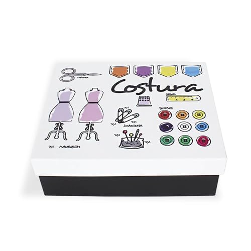 Geguton - Caixa Costura - Aço com Divisórias Internas - Organização e Decoração - Preto Fosco e Branco com Estampa