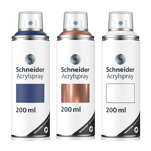 Schneider Paint-It 030 Supreme DIY Acryllack 3er Set (hochdeckende Sprühfarbe, UV-beständig, 3 x 200 ml, Acrylspray für fast alle Untergründe) midnight blue/copper metallic/weiß