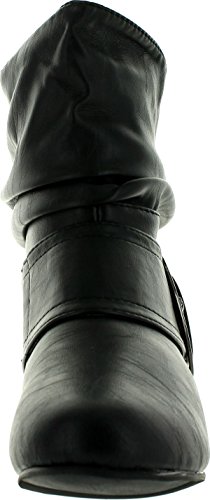 TOP Moda Women's Ankle Booties Buckle Mid Calf Buckle Slouch Flat Heel Strap Fashion Shoes, Black PU New, 73