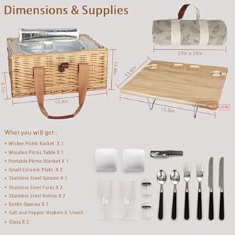 Hap Tim Wicker Picnic Basket for 2 with Mini Folding Wine Picnic Table & Large Insulated Cooler Bag & Cutlery Service Kits for 2 Person, Couples Gifts, Wedding Gifts (Y2307-2-CM)