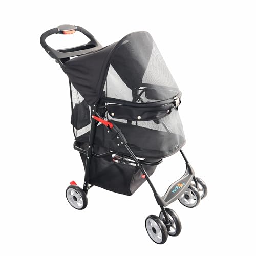 FOURPAW Passeggino per animali domestici con finestra completa con fibbia, 4 ruote per cani e gatti, con cestino portaoggetti, portabicchieri, passeggino da viaggio per cuccioli/gatti.