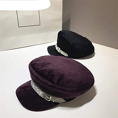 Women Purple Baker Boy Hat Velvet Designer Newsboy Cap Spring Autumn Rhinestone Flat Cap,Black,M (56-58Cm) #TOP4