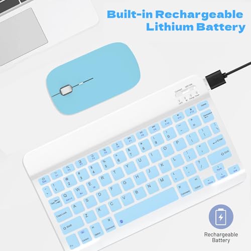 Image of Bluetooth Keyboard and Mouse Combo, Qwert Layout Universal Ultra-Slim Wireless Keyboard Mouse Set for Android Windows iPad iPhone Samsung Tablet Portable Compact Keyboard Set, Light Blue