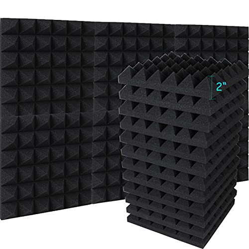 12Pack Sound Proof Foam Panels, 2"x12"x12" Acoustic Foam Panels Black Studio Foam Wedges High Density Sound Absorbing Panels, Fireproof Sound Proofing Padding for Home Studio Ceiling, Pyramid Black