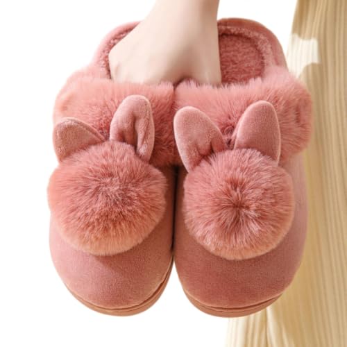 TKQBDBG Unisex Cotton Slippers Women Cartoon Bunny Plush Slippers, Closed Toe Furry Lined Cozy Non Slip Winter Indoor Bedroom Slides-red1-42-43