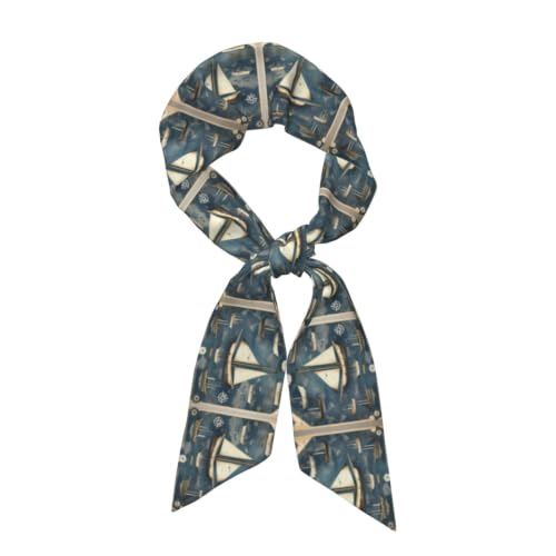 JIUTY Bufanda náutica para el pelo con mapa de velero para mujer, pañuelo de satén sedoso, accesorios de bolso, bufanda para el pelo, diadema, Negro, talla única