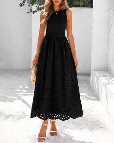 Image of dowerme Women Summer Dresses 2026 Casual Sleeveless Crewneck A-Line Boho Lace Eyelet Cotton Tank Maxi Dress with Pockets