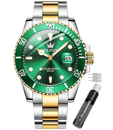 OLEVS Reloj Hombre Resistente Agua Esfera Azul Acero Inoxidable Dos Tonos Fecha Día Cuarzo Clásico Deportivo Moda