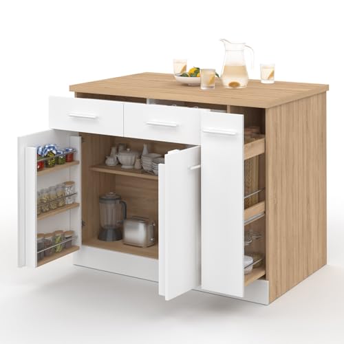 IDMarket - Ilot Central Alto Portes avec rangements, tiroirs, Rangement Coulissant et Plan de...