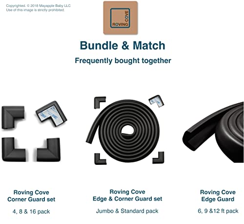 Edge Corner Protector Baby Proofing (Large 15Ft Edge 4 Corners) - Rovingcove Hefty-Fit Heavy-Duty, Soft Nbr Rubber Foam, Furniture Fireplace Safety Corner Edge Bumper Guard, 3M Adhesive, Onyx Black #TOP6
