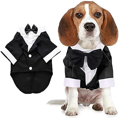 Dog Shirt Puppy Clothes, Pet Wedding Suit Formal Tuxedo with Black Bow Tie, Dog Outfit for Small Medium Dogs Cats, Dog Weding Attire Dress Up Cosplay Prince Costume Gentleman Apparel (Medium, Black) Cover