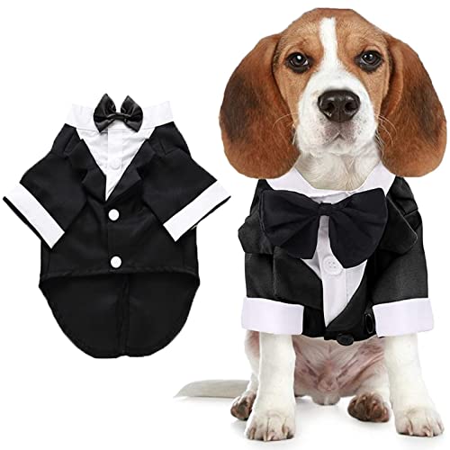 Dog Shirt Puppy Clothes, Pet Wedding Suit Formal Tuxedo with Black Bow Tie, Pet Outfit for Small Medium Dogs Cats, Pet Weding Attire Dress Up Cosplay Prince Costume Gentleman Apparel (Black, Small)