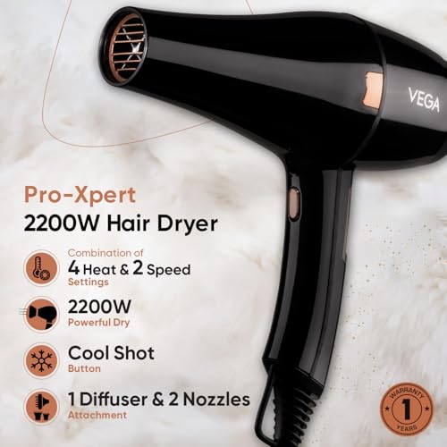 Vega Pro-Xpert 2200W Professional Hair Dryer for Women with 2 Speed/3 Heat Settings, Cool Shot Button, Diffuser & 2 Detachable Nozzles, Travel Friendly, (VHDP-03), 2000 Watts, Black view 2
