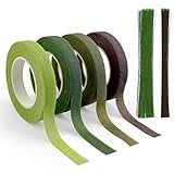 CTYUEYUN 4 Rolls Floristenband,Floral Tape with 150pcs Floristendraht Green and Coffee Floristry Supplies,Bouquet Tape for Florist Bouquet Fixing and DIY Packaging Decoration
