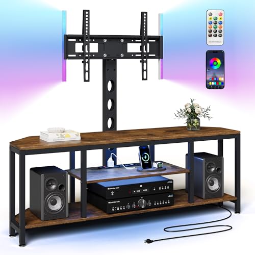 Image of Corner TV Stand Entertainment Center with Mount for Living Room, 32-65 inch TV | TV Console with Led Lights & Power Outlet, Height Adjustable Swivel TV Cabinet with Open Storage Shelf for Bedroom, Brown