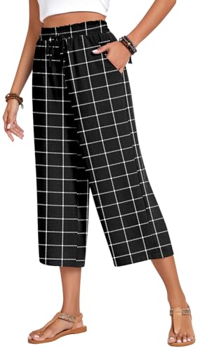 Image of Anyhold Women's Capri Pants Drawstring Casual Palazzo Trousers with Pockets Loose High Waisted Wide Leg Lounge Pants
