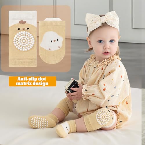 QINGZY 4-Paar Knieschoner und Babykrabbelsocken, weiche Baumwollsocken, antirutschend, für Kleinkinder 0-12 Monate