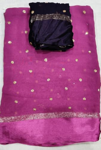 Image of Pure Georgette Sequence Work Saree with Contrast Blouse, Satan Patta Fabric
