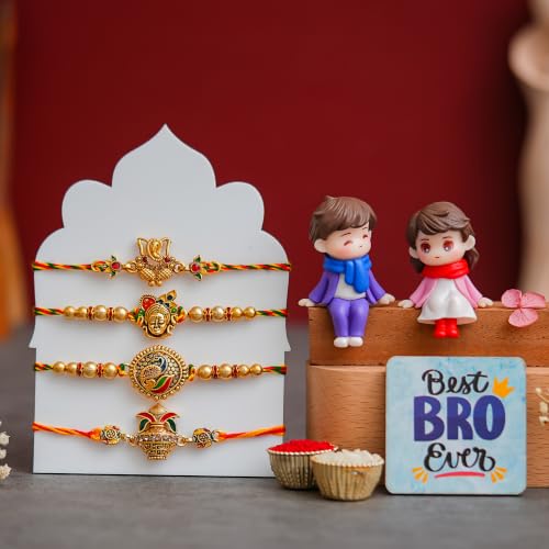Image of eCraftIndia Set of 4 Designer Rakhi with Cute Brother-Sister Showpiece & Best Bro Ever Fridge Magnet | Premium Raksha Bandhan Gift Set for Brother | Roli Chawal Included