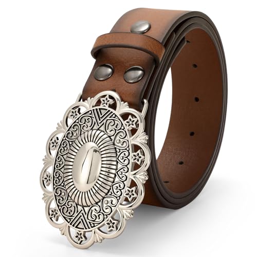 Women's Western Leather Belt Vintage Buckle Brown Belt Cowboy Cowgirl Faux Leather Belt4