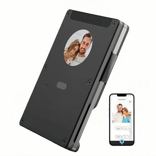 Anti theft wallet for men, Durable Slim Aluminum Card Trackable Wallet (IOS Only) with Customized Electronic photo/Text information, Slim RFID Credit Card Holder (Oxidized Black)