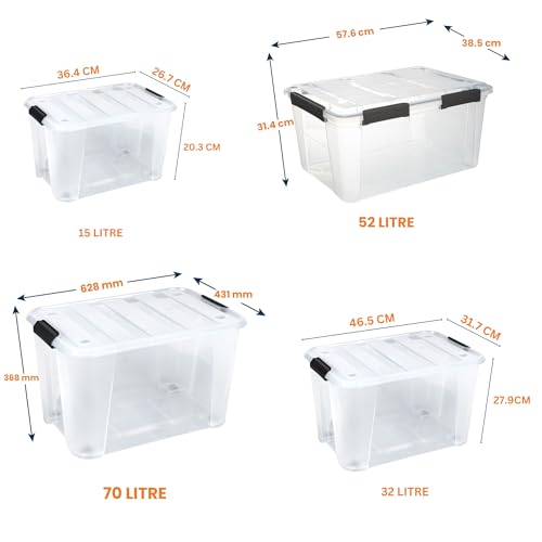 Image of Clear Heavy Duty Bulk Storage Container with Lids | Stackable Plastic Bins with Handles & Rolling Wheels | BPA-Free, Multi-Purpose for Kitchen, Pantry, Office (4, Combo Pack of 4)
