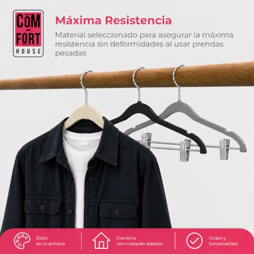 Miniatura 6 de Com-Fort House- Perchas Terciopelo Con Pinzas Antideslizantes- Color Beige 12 Unidades- 2 Clips Ajustables - Para Pantalones, Faldas Y Más - Gancho Giratorio 360 Ahorra Espacio