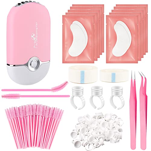 Eyelash Extension kit Lash Extension Supplies,1 Eyelash Fan Dryer,2 Eyelash Extension Tweezers,50 Glue rings,10 Pairs Eyelash Pads,100 Disposable Eyelash Brush,2 Lash Tape for Eyelash Extensions