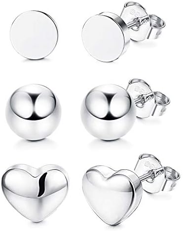 Sllaiss 3 Pairs 925 Sterling Silver Stud Earrings Set for Women Dot Round Ball Stud Earrings Heart Stud Earrings Simple Earrings Minimalist