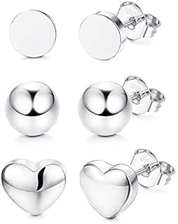 Sllaiss 3 Pairs 925 Sterling Silver Stud Earrings Set for Women Dot Round Ball Stud Earrings Heart Stud Earrings Simple Earrings Minimalist