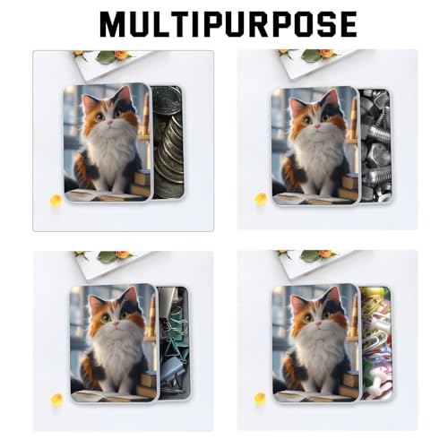 Image of Metal Tin Box with Lid,Multi-functional Storage Large Box Can Store Tea Biscuits Game Cards, Playing & Tarot Cards-Comes with 4 Magnetic Cord Clips,Calico Cat with Books