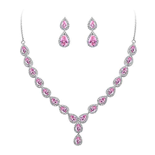 BriLove Wedding Bridal CZ Necklace Earrings Jewelry Set for Women Teardrop Infinity Figure 8 Y-Necklace Dangle Earrings Set Pink Tourmaline Color Silver-Tone October Birthstone