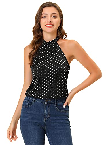 Allegra K Women's 2023 Satin Polka Dots Top Elegant Sleeveless Summer Halter Neck Blouse X-Large Black #TOP9