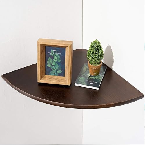 Image of Corner Shelf,16inch Walnut Solid Wood Floating Corner Shelves Wall Mount Round End Floating Speaker Rack with Wire Hole for Small Plant for Bedroom Kitchen, Living Room