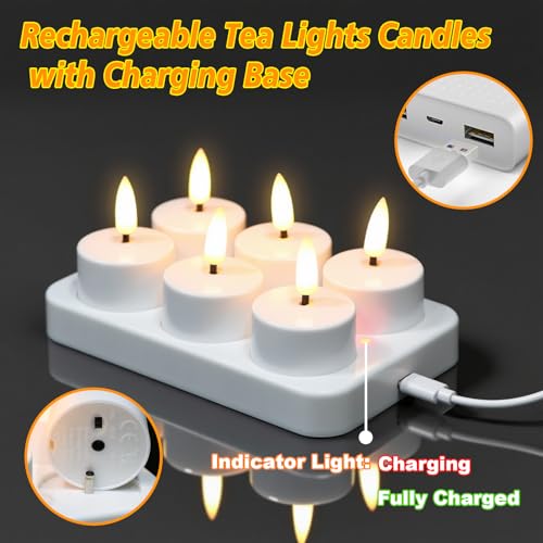 Image of GenSwin Rechargeable Tea Lights Candles with Remote & Charging Base, 6 Pcs LED Tea Lights Candles Battery Operated, Flameless Timer Tealights for Wedding Christmas Halloween Decor (White, 1.57 inchx1.85 inch)