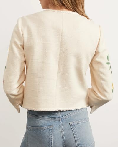 Women's Embroidered Floral Tweed Jacket Cropped Collarless Lightweight Open Front Elegant Jackets3