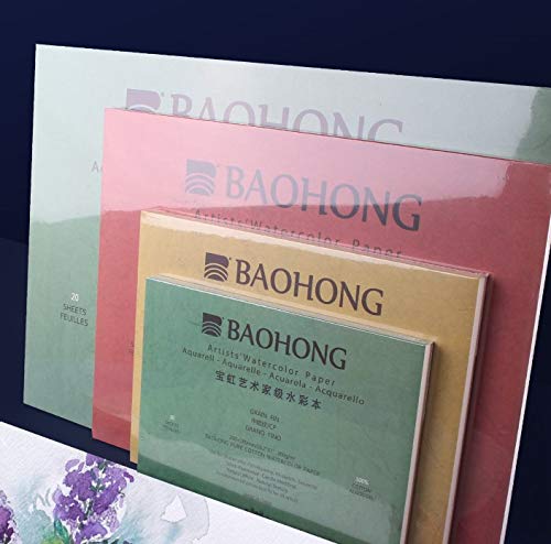 BAOHONG Bloco de papel aquarela para artistas (20 folhas, coladas em quatro bordas), 100% algodão, s